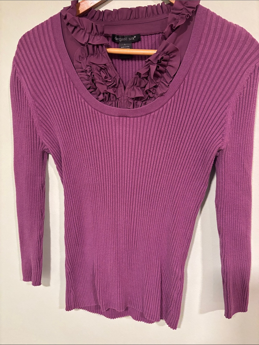 August Silk Purple Ruffled Neck Ribbed Long-Sleeve Sweater